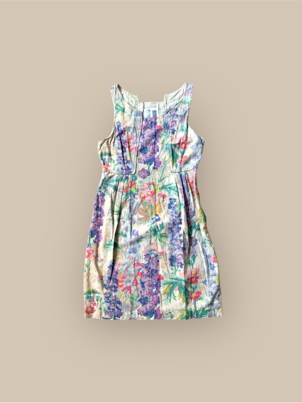 Cream Floral Sleeveless Mini Dress with Purple & Green floral Print